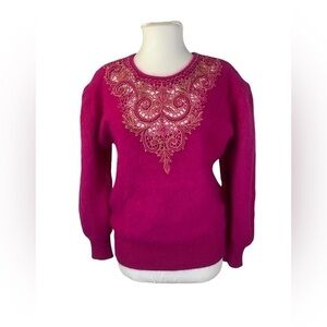 Vintage 80’s Jamie Pink Embroidered Beaded Angora Sweater S ⭐️